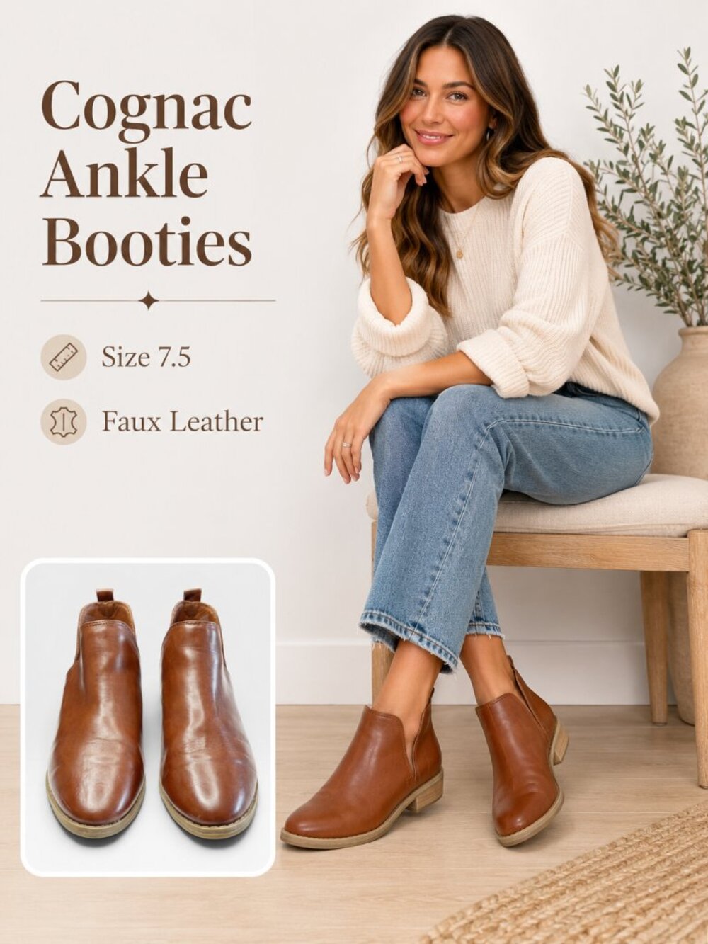 Cognac Faux Leather Ankle Booties Size 7.5 Brown Low Heel Slip On Boots